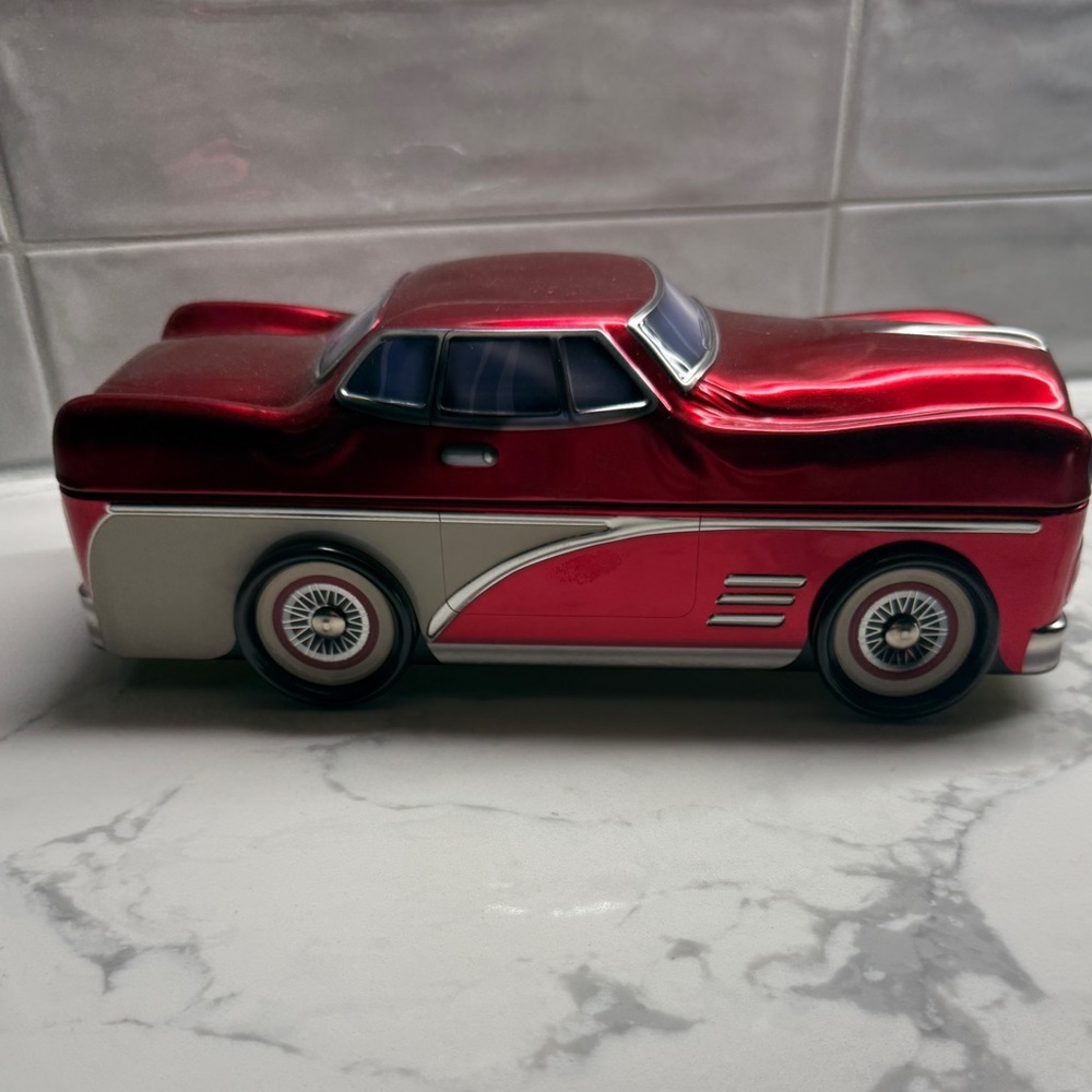 Silver Crane Company red classic car tin box